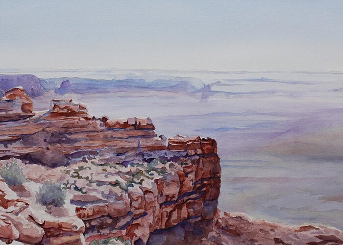 Blue Greeting Card featuring the painting Looking Down From Moki Dugway by Jenny Armitage