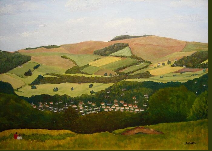 Hills Greeting Card featuring the painting Looking Down on Buxton by Lynda Evans