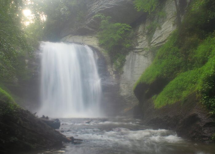 Waterfall Greeting Card featuring the photograph Looking Glass Falls North Carolina Morning Mist by John Burk