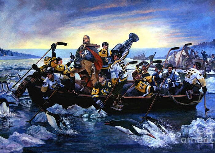 Pittsburgh Penguins Greeting Card featuring the painting Lord Stanley and the Penguins Crossing the Allegheny by Fred Carrow