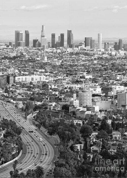 Los Angeles Skyline Greeting Card featuring the photograph Los Angeles Basin and Los Angeles Skyline Black and white Monochrome by Ram Vasudev