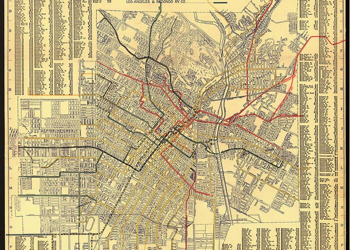 Map Greeting Card featuring the drawing Los Angeles Rail System Map 1906 by Mountain Dreams