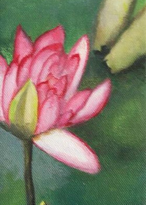 Still Life Greeting Card featuring the painting Lotus Blossom and Bud by Marlene Book