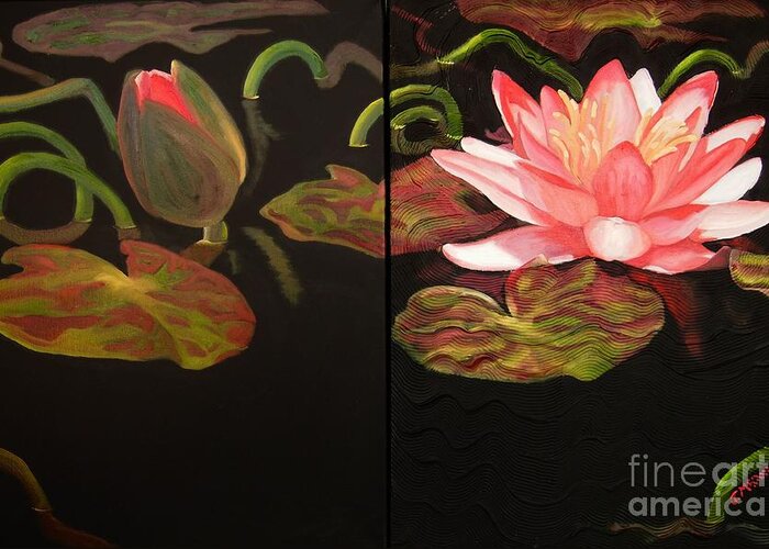 Lotus Greeting Card featuring the painting Lotus Bud to Bloom by Janet McDonald