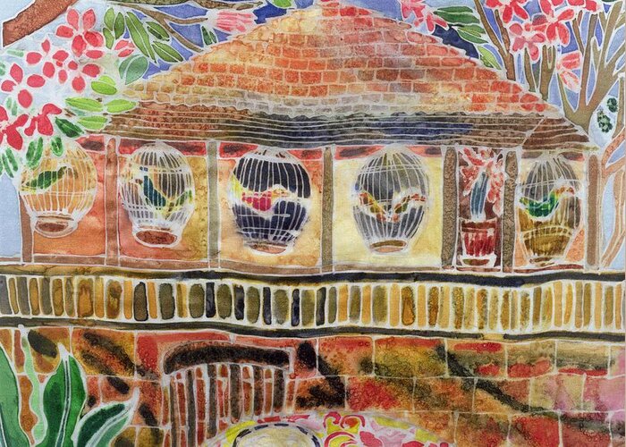 South East Asian Greeting Card featuring the photograph Lotus Cafe, Ubud, Bali, 2002 Coloured Ink On Silk by Hilary Simon