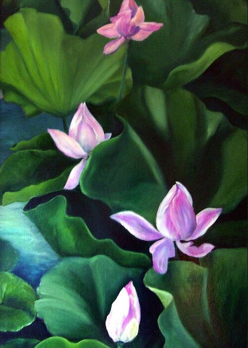 Lotus Flowers Greeting Card featuring the painting Lotus Flowers by Marian Berg
