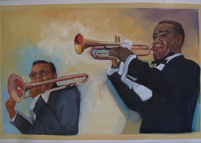 Russell big Chief Moore Greeting Card featuring the painting Louis Armstrong with Russell Big Chief Moore            by Suzanne Giuriati Cerny