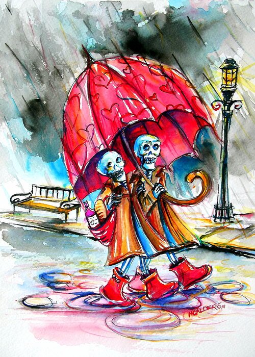 Day Of The Dead Greeting Card featuring the painting Love in the Rain by Heather Calderon