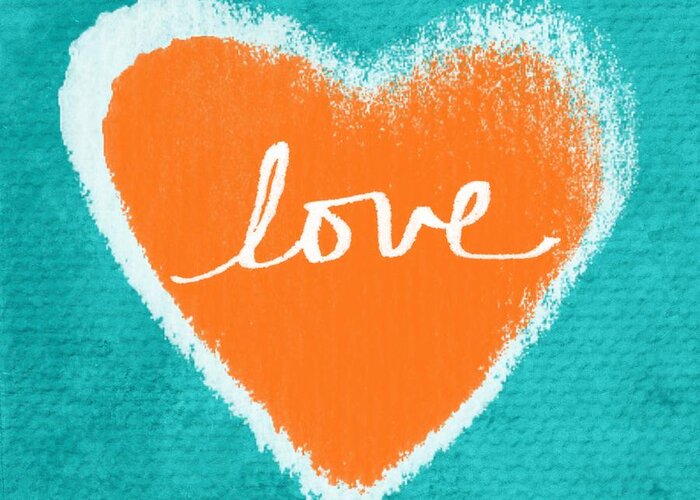 Heart Love Blue Aqua Orange White Painting teen Room Valentine Romance Sweet Teenager Art For Dorm Orange Blue White Sister Mother Husband Wife Art For School Art For Home Wedding Gift Baby Shower Gift Anniversary Gift Greeting Card featuring the mixed media Love by Linda Woods