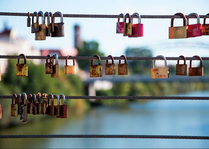 Hanging Greeting Card featuring the photograph Love Locks Hang From Kettenbrücke by Holger Leue