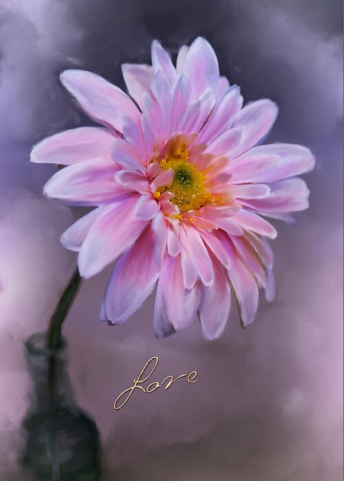 Pink Flower. Valentine Flower Greeting Card. Green Stem In Old Bottle Vase. Texture. Canvas. Photography. Fine Art. Print. Poster. Greeting Card. Valentines Greeting Card. Digital Art. Painting. Phone Case. Greeting Card featuring the painting Love by Mary Timman