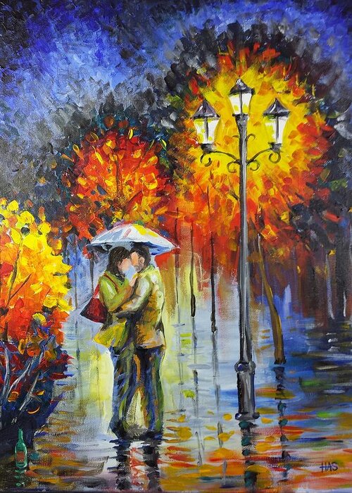 Rain Park Lovers Trees Outdoors Lamp Lamp Post Night Greeting Card featuring the painting Lovers in the rain by Harry Speese