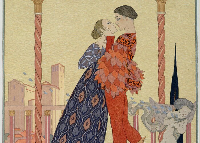 Lover Greeting Card featuring the painting Lovers on a Balcony by Georges Barbier