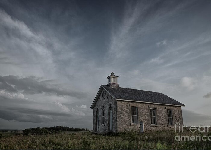 School; School House; Schoolhouse; Old School House; Built Structure; City; Architecture; Outdoors; Landmark; Historical Landmark; Tranquil Scene; Past; History; Travel Destinations; Old Ruin; Usa; Ancient; Stone; Sunset; Color Image; Abandoned; Old Building; Ruins; Ruin; School House Kansas Prairie Preserve; Tallgrass Prairie National Preserve; Fox Creek; Lower Fox Creek Schoolhouse; Lower Fox Creek School; Single Room School Greeting Card featuring the photograph Lower Fox Creek School by Keith Kapple