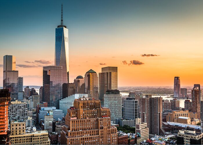 Broadway Greeting Card featuring the photograph Lower Manhattan at sunset by Mihai Andritoiu