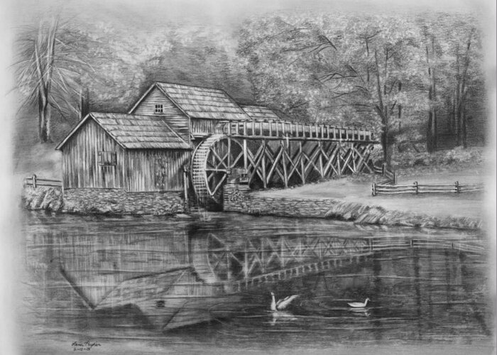 Pencil Greeting Card featuring the drawing Mabry Mill Pencil Drawing by Lena Auxier
