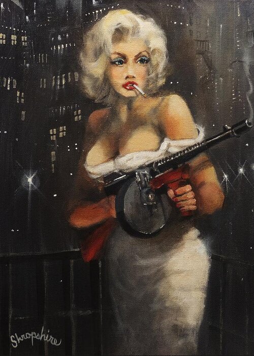 Bootleggers Greeting Card featuring the painting Machine Gun Madam by Tom Shropshire