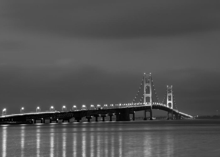 Dusk Greeting Card featuring the photograph Mackinac Bridge Black and White by Sebastian Musial