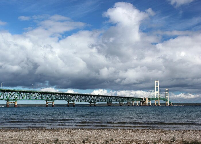 Bridge Greeting Card featuring the photograph Mackinac Bridge with Clouds 2 by Mary Bedy