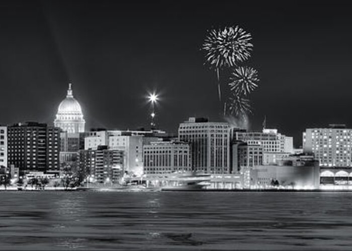 Capitol Greeting Card featuring the photograph Madison - Wisconsin - New Years Eve Panorama Black and White by Steven Ralser