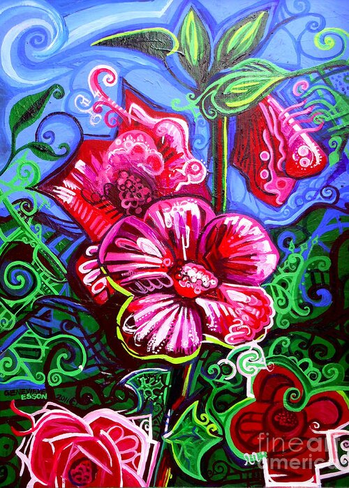 Flower Greeting Card featuring the painting Magenta Fleur Symphonic Zoo I by Genevieve Esson