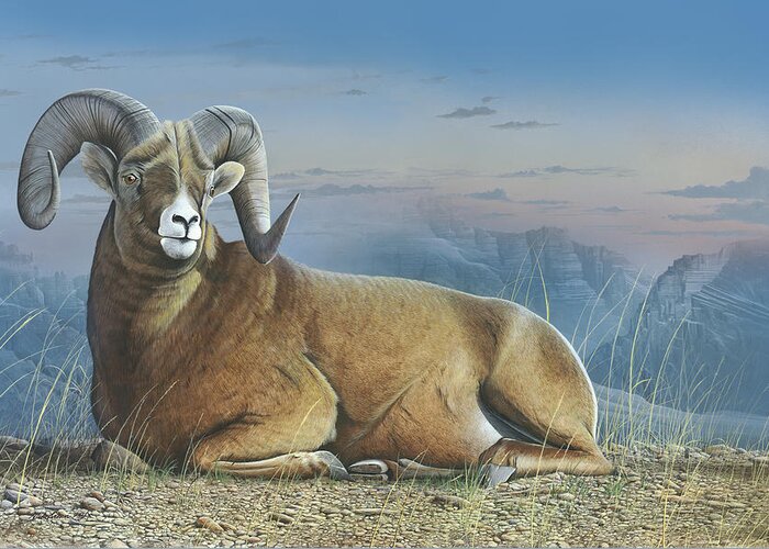 Bighorn Sheep Greeting Card featuring the painting Majestic by Mike Brown