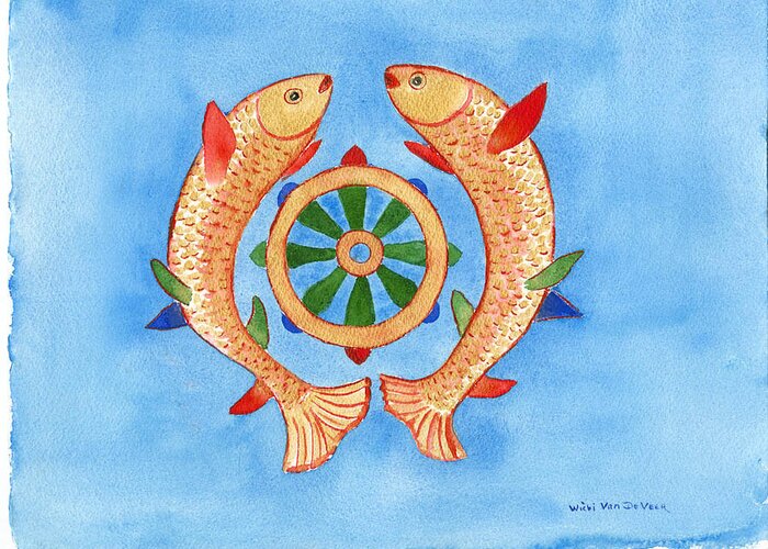 Buddhism Greeting Card featuring the painting Makya Golden Fish by Wicki Van De Veer