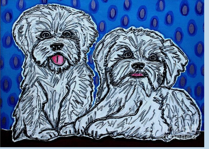 Maltese Greeting Card featuring the painting Maltese Duo Blue BG by Cynthia Snyder