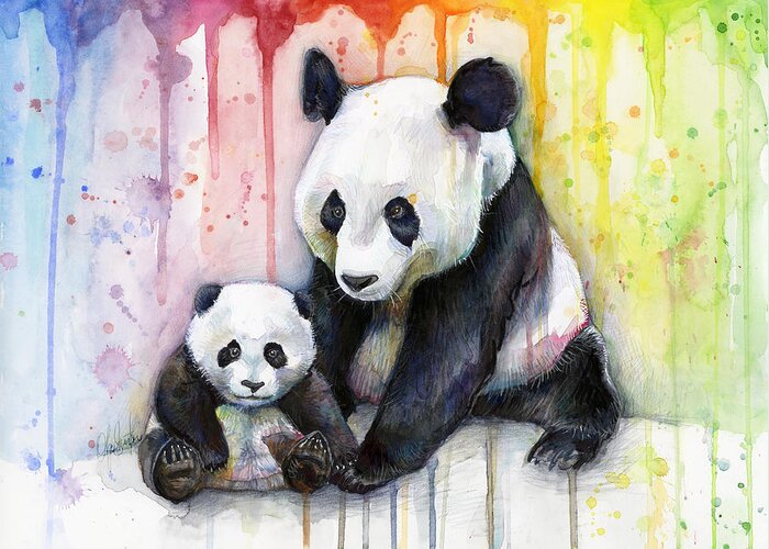 Watercolor Greeting Card featuring the painting Panda Watercolor Mom and Baby by Olga Shvartsur