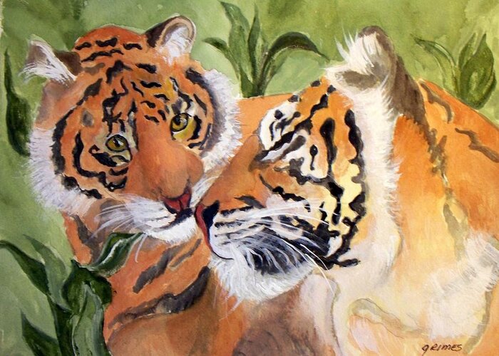 Tiger Greeting Card featuring the painting Mama wake up I want to play by Carol Grimes