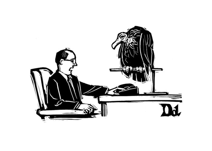 Caption Contest Tk Greeting Card featuring the drawing Man At Desk Speaks Into Intercom. A Vulture Sits by Drew Dernavich
