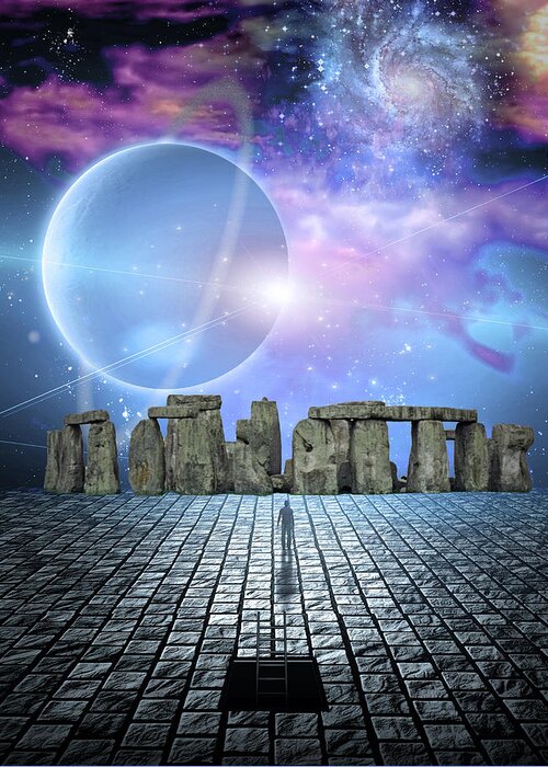 Ancient Greeting Card featuring the digital art Man before stone structure by Bruce Rolff