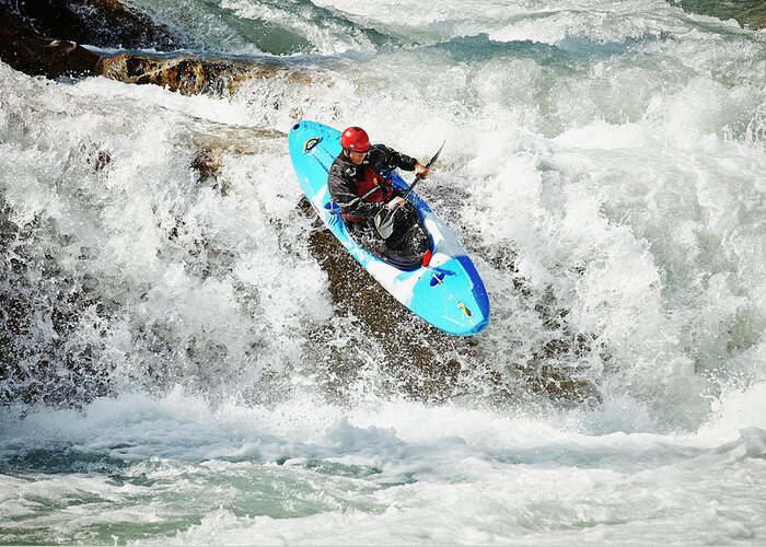 Sports Helmet Greeting Card featuring the photograph Man Kayaking Off Waterfall In White by Thomas Barwick