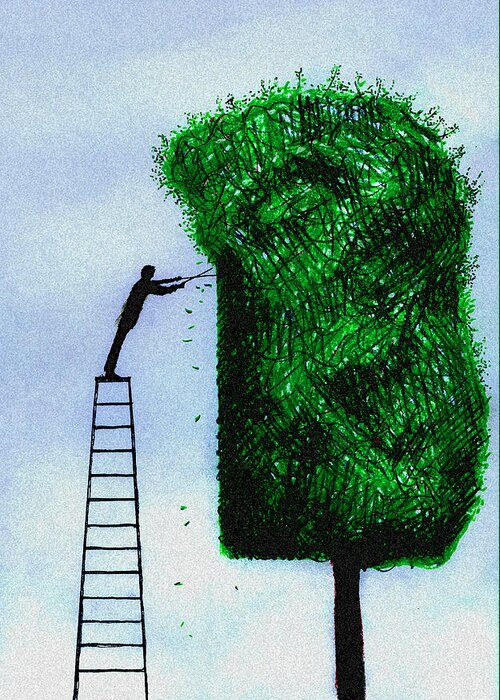 Adult Greeting Card featuring the photograph Man On Ladder Trimming Tree by Ikon Ikon Images