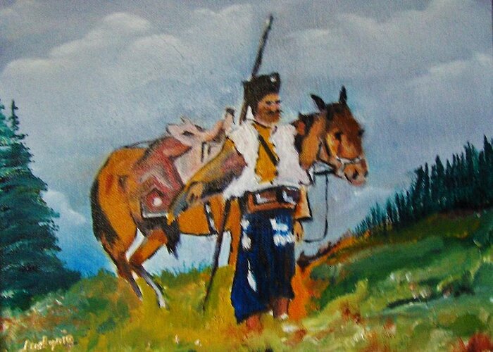 Art Greeting Card featuring the painting Man With A Horse by Ryszard Ludynia