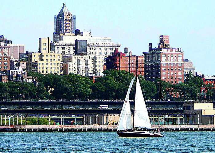 Boat Greeting Card featuring the photograph Manhattan - Sailboat Against Manhatten Skyline by Susan Savad