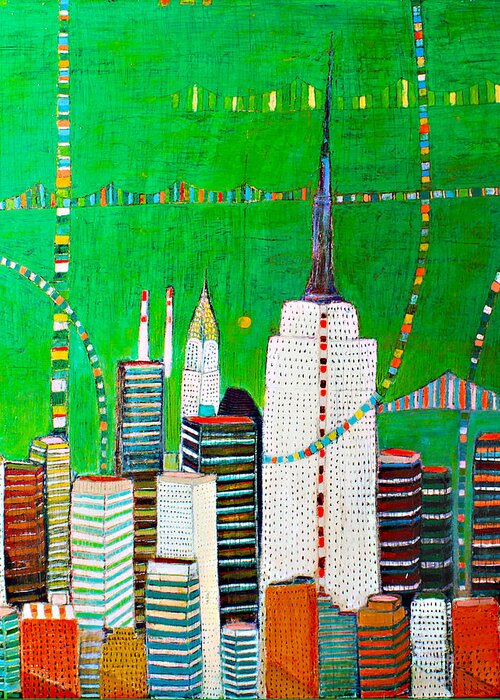 Green Skyline Painting Greeting Card featuring the painting Manhattan with Empire and Chrysler buildings by Habib Ayat