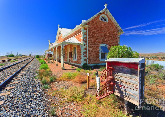 Mannahill Railway Station Outback South Australia Line Greeting Card featuring the photograph Mannahill Railway Station by Bill Robinson