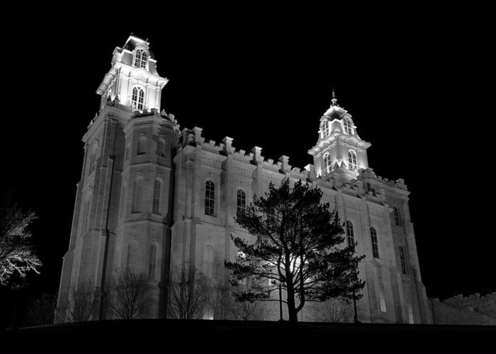 Black And White Greeting Card featuring the photograph Manti Temple Black and White by David Andersen