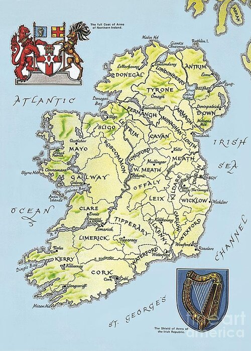Coat Of Arms; Irish Greeting Card featuring the painting Map of Ireland by English School