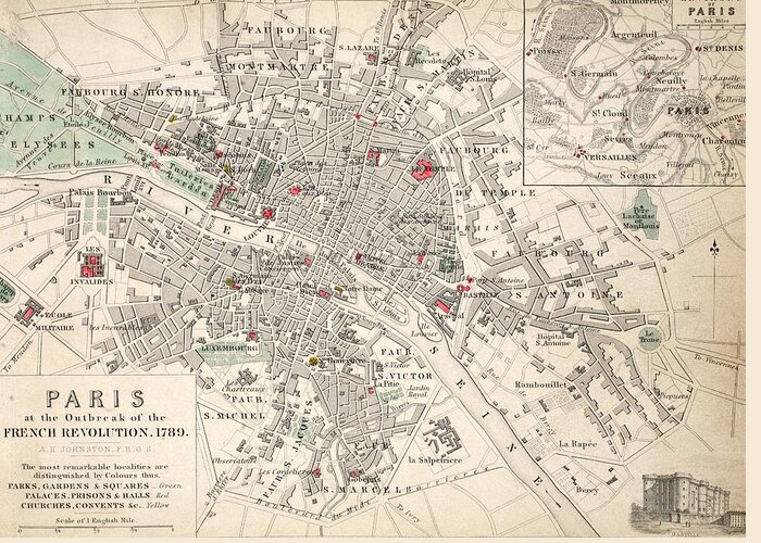 Maps Greeting Card featuring the drawing Map of Paris at the outbreak of the French Revolution by French School