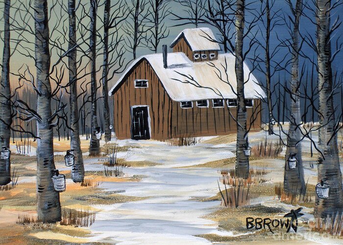 Landscape Greeting Card featuring the painting Maple Syrup Shack by Brenda Brown