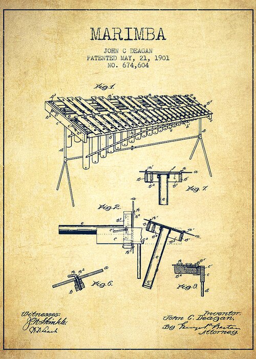 Marimba Greeting Card featuring the digital art Marimba Music Instrument Patent from 1901 - Vintage by Aged Pixel
