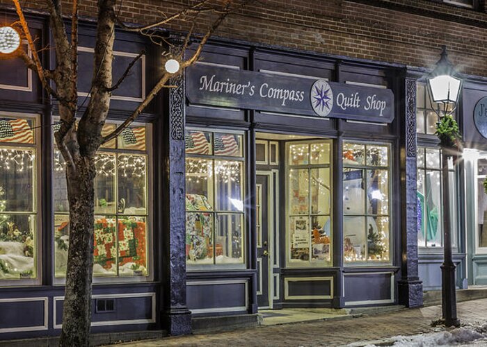 Main Street Bath Maine Night Christmas Holiday Lights Store Shop Storefront Greeting Card featuring the photograph Mariner's Compass by David Hufstader