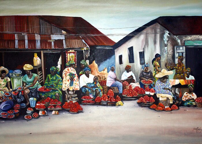 Market Scene Greeting Card featuring the painting African Market transaction by Olaoluwa Smith