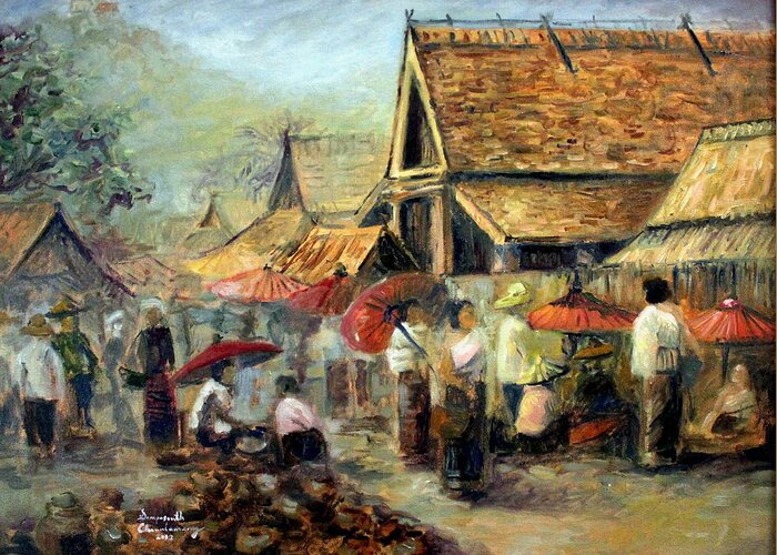 Laos Greeting Card featuring the painting Marketplace in Luang Prabang by Sompaseuth Chounlamany