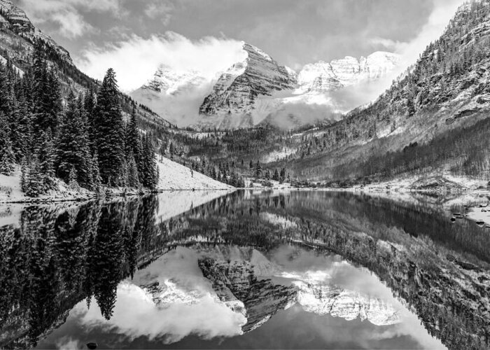 America Greeting Card featuring the photograph Maroon Bells BW Covered In Snow - Aspen Colorado by Gregory Ballos