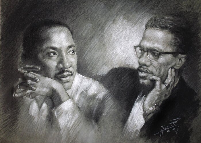 Malcolm X Greeting Card featuring the drawing Martin Luther King Jr and Malcolm X by Ylli Haruni