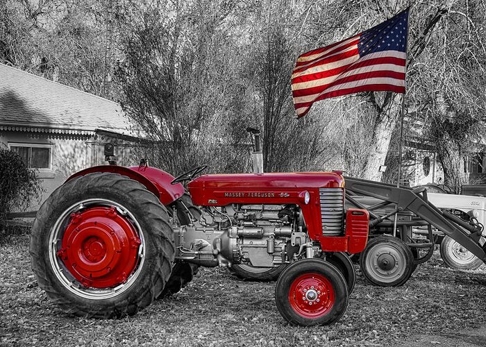 Tractor Greeting Card featuring the photograph Massey - Feaguson 65 Tractor with USA Flag BWSC by James BO Insogna