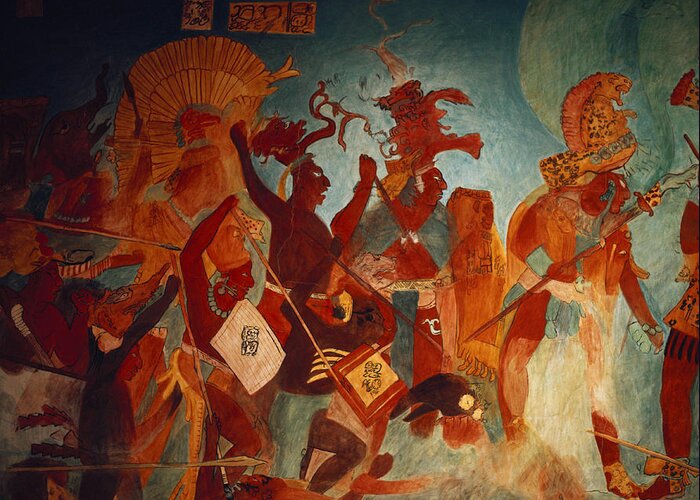Ancient Greeting Card featuring the painting Maya Fresco At Bonampak by George Holton